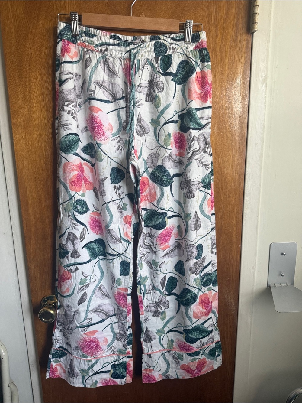 Floral Lounge Pajama Pants - White with Pink & Green